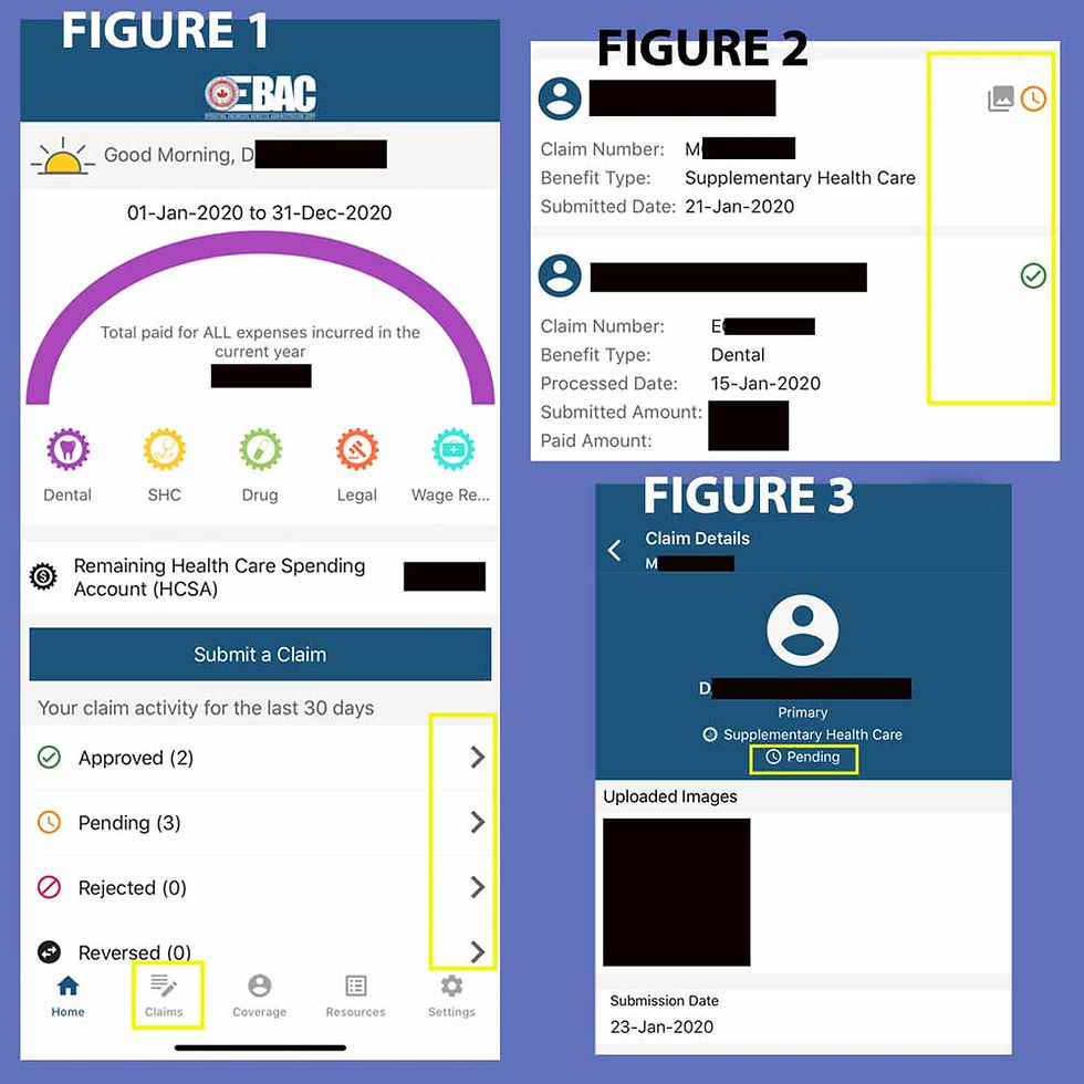 Screenshots with annotations: OEBAC Mobile App